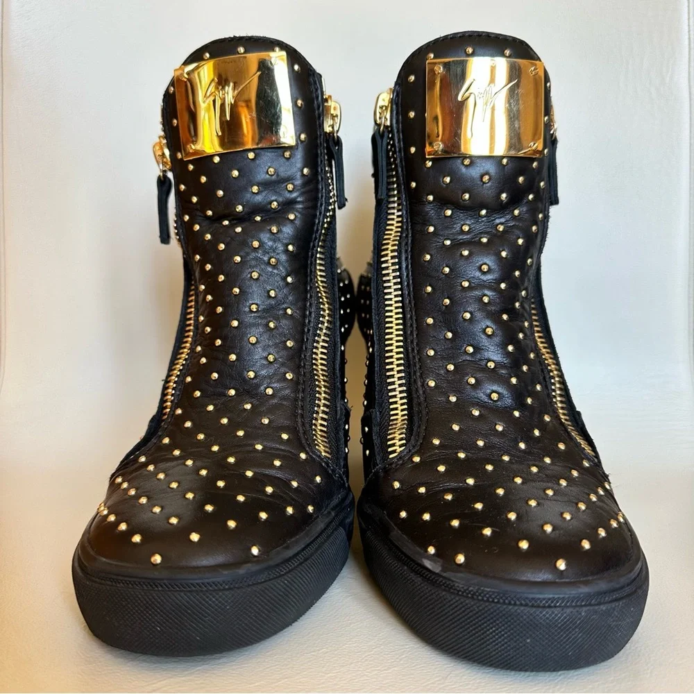 Giuseppe Zanotti Wedge Sneaker Black Leather Gold Studded Boots Heels 39.5 9